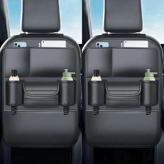 Backseat Car Organizer Leather Back of Seat Car Organizers for Drivers with Large Capacity 6 Storage Pockets Waterproof Kick Mats Seat Back Protector, 2 Pack