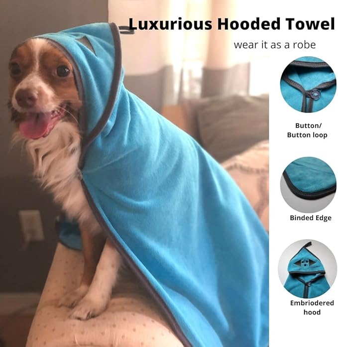 Penny & Niko Multi Purpose Microfiber Pet Towel - Drying Towel/Hooded Robe for Dogs and Cats (30 x 30-2 Pack, Blue/Gray)