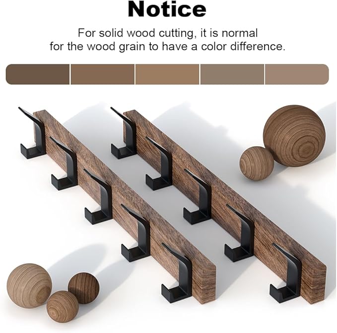 IURRDOP 17 Inch Black Walnut Wood Wall Mounted Coat Rack with 4 Black L Hooks, Adhesive Mounted Entryway Hooks, Modern Natural Wooden Pegs for Hanging Coat Clothes Hat Bag Purse Key and Towel