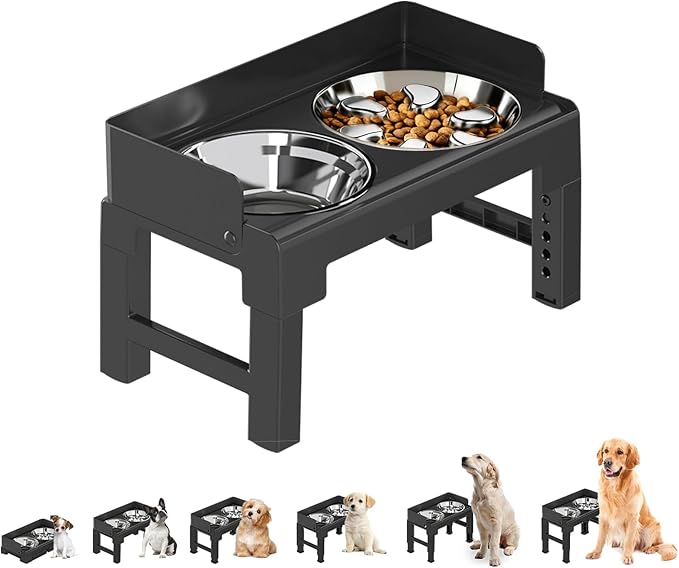 PAKEWAY Elevated Dog Bowls, Spill Proof, Tiltable Pet Feeder with 1 Stainless Steel Bowl &1 Stainless Steel Slow Feeder Bowl, 6 Height Adjustable Raised Bowls Stand for Medium Large Dogs
