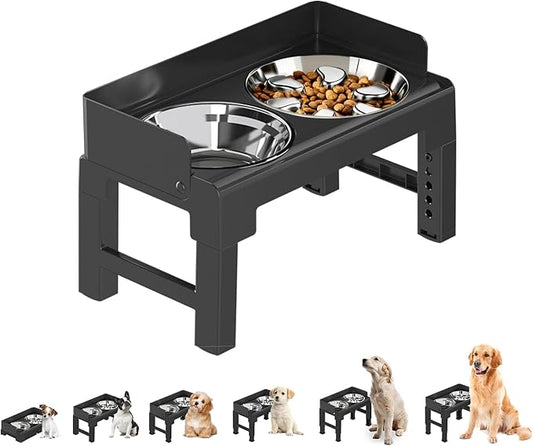 PAKEWAY Elevated Dog Bowls, Spill Proof, Tiltable Pet Feeder with 1 Stainless Steel Bowl &1 Stainless Steel Slow Feeder Bowl, 6 Height Adjustable Raised Bowls Stand for Medium Large Dogs