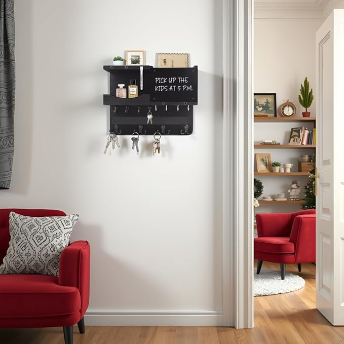 Key Holder for Wall Mount with Shelf and Mail Organizer, Key and Mail Holder with 16 Hooks, Farmhouse Entryway Organizer, Home Decor Rack (Pine Wood, Black)