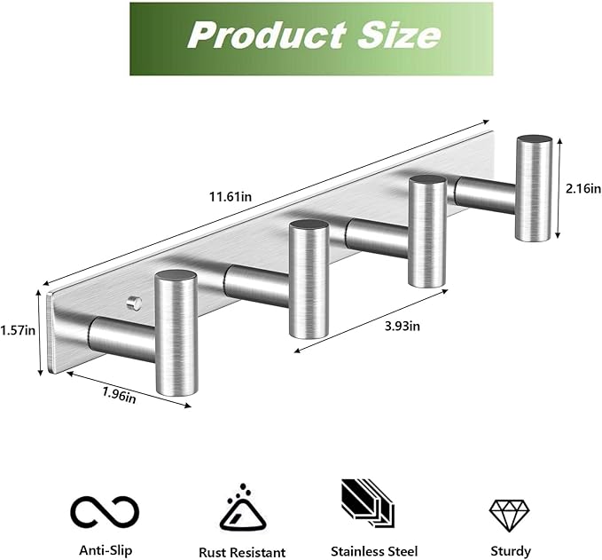 VINHOLD Wall Mounted Coat Rack-4 Hooks, Heavy Duty Stainless Steel Wall Hooks for Towel Coat Bag, Hat Rack Coat Hanger Coat Hooks Towel Racks for Bathroom Entryway Kitchen Hotel (Silvery, 1 Pack)