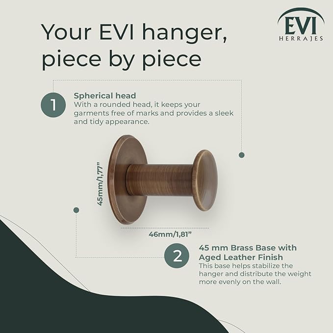 Evi Bathroom Hanger | Wall Hanger Brass | Antique Leather Finish | for Hanging Clothes, Coats or Towels | Adhesive Towel Rail and/or Screw | 188DUALLCU