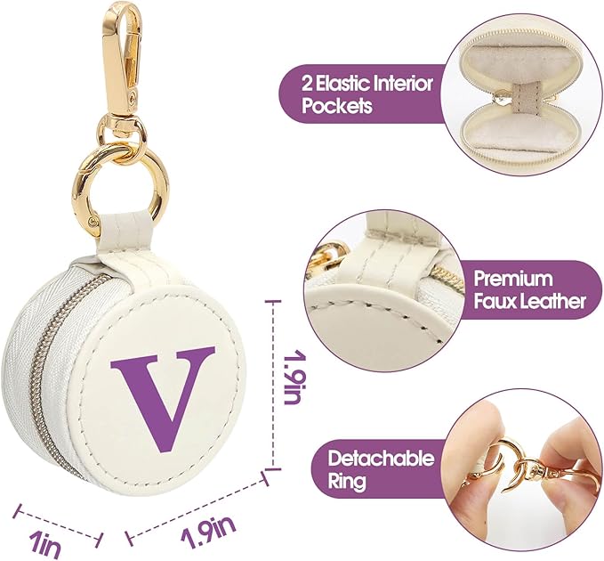 Mini Initial Travel Jewelry Case Ring Holder, Beige Faux Leather Small Jewelry Organizer Box Gifts for Women Girls Nurse Teacher, Gym Travel Accessories Keychain Pouch for Earrings Rings Necklace V