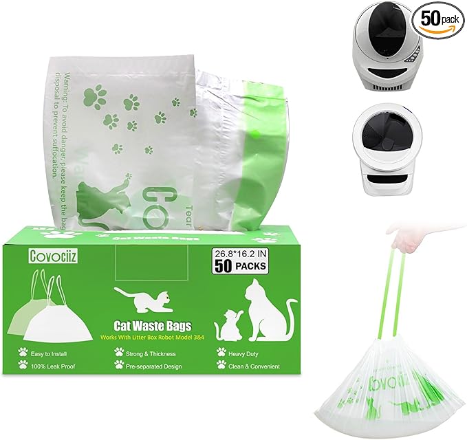 50 Pack Cat Litter Bags, Compatible with Litter Robot 3 and 4 Waste Bags, Thick Pre-Separated Heavy Duty Litter Box Liner Bags, 26.8" x 16.2"