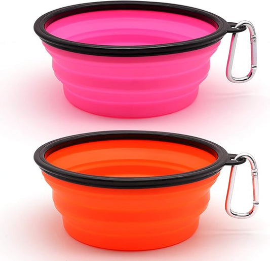 Dog Bowl Pet Collapsible Bowls, 2 Pack Collapsible Dog Water Bowls for Cats Dogs, Portable Pet Feeding Watering Dish for Walking Parking Traveling with 2 Carabiners (Large, Orange+Pink)