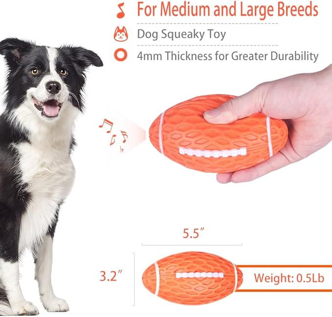 AUSCAT Squeaky Dog Football Toys, Durable Rubber Dog Ball for Medium and Large Dogs, Orange, 3.1" L x 5.5" W x 3.1" H