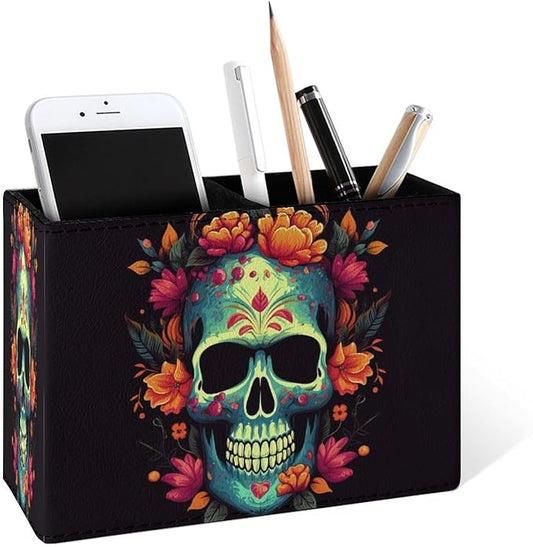 Famame Colorful Skull with Flowers Pencil Holder for Desk, Leather Desktop Container Pen Cup Storage Study Table Pen Organizer Makeup Brush Holder for Classroom Office Home