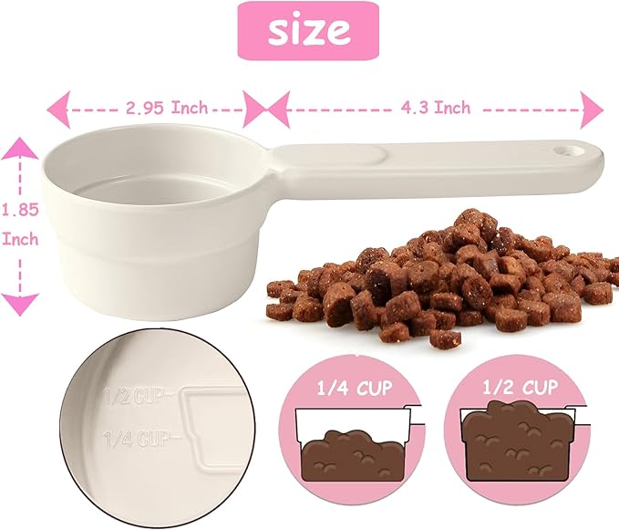 Joyinjojo Dog Cat Food Scoop - Pet Food Scoop Dog Food Measuring Cup 1/2 1/4 Cup, Comfortable Long Handle for Easy to Scoop Food, White 1/2 Cup