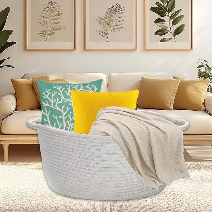 Large Cotton Rope Storage Basket with Handles, Hamper, Laundry Basket, 20 "L x 14" W x 12 "H, Home Decor to Storage Blanket &Toy, etc .(White)