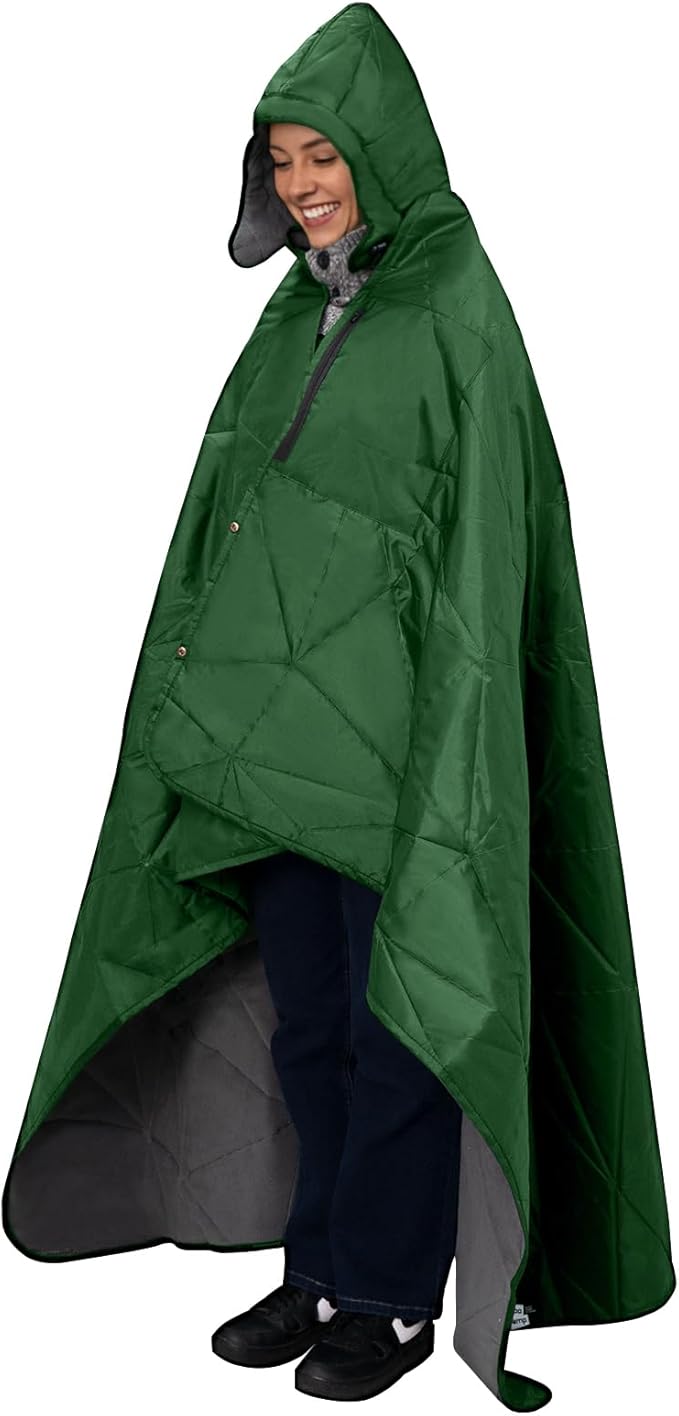 KawaGebo Kamp Outdoor Waterproof Blanket, Foldable Fleece Stadium Blanket for Outdoor Sports Event, Camping, Car, Pet, Picnics - Windproof, Wearable, Machine Washable 80" x 58" (Green,Hooded)