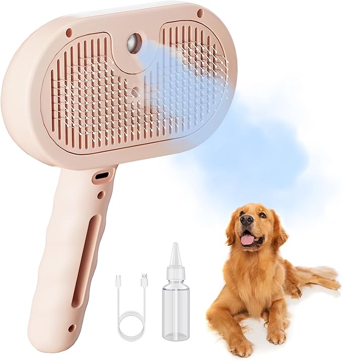 Dog Steam Brush 3 in 1 Cat Brush with Steam and Release Button Grooming Tool for Indoor Pets Dogs Hair Removal Shedding Water for Small Animals Long Short Haired - Pink