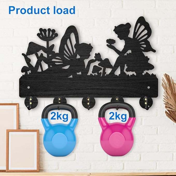 MAYJOYDIY Fairy Coat Hooks Wall Mount Elf Mushroom Wood Key Holder for Wall 11.8×7.9inch Black Wall Art Decor Key Hooks 5 Alloy Hooks for Gift Entryway Living Room Kitchen Office