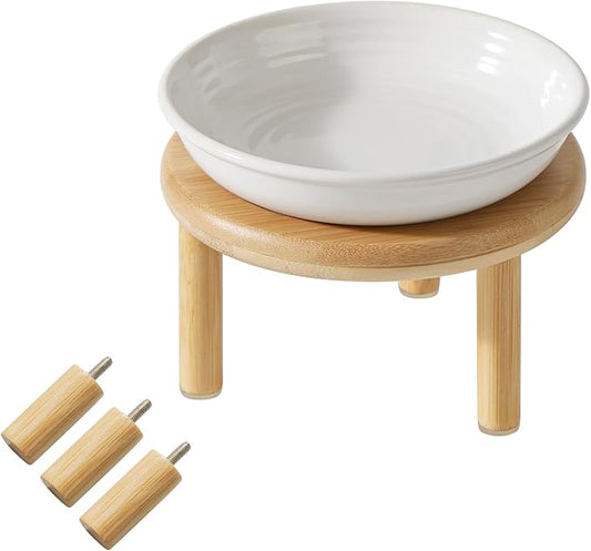 Elevated Ceramic Cat Dish, Wide Whisker Friendly Anti-Slip Food & Water Bowl with 2 Heights Adjustable Stand - Pet Bowl Set for Cats (1 Dish + 1 Stand, White)