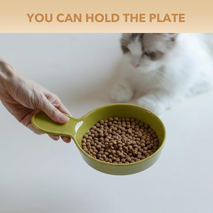 Ceramic Wide Whisker Friendly Cat Dishes, Set of 3 Ceramic Cat Bowls with Handle, Anti-Slip Indoor Kitten Feeding Food& Water Dish to Prevent Whisker Fatigue(3 Pcs, Matcha Green)