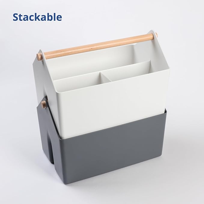 BLUE GINKGO Medium Storage Basket – Plastic Caddy with Wooden Handle for Office, Arts & Crafts, or Home Supplies (Gray)