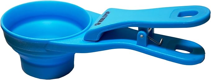 MeasureMate Pet Food Scoops with Bag Clip for Dog and Cat - 3-in-1 Multi-Function Collapsible Food Measuring Cup - 1/2 Cup Capacity, 4oz, Blue - Dishwasher Safe