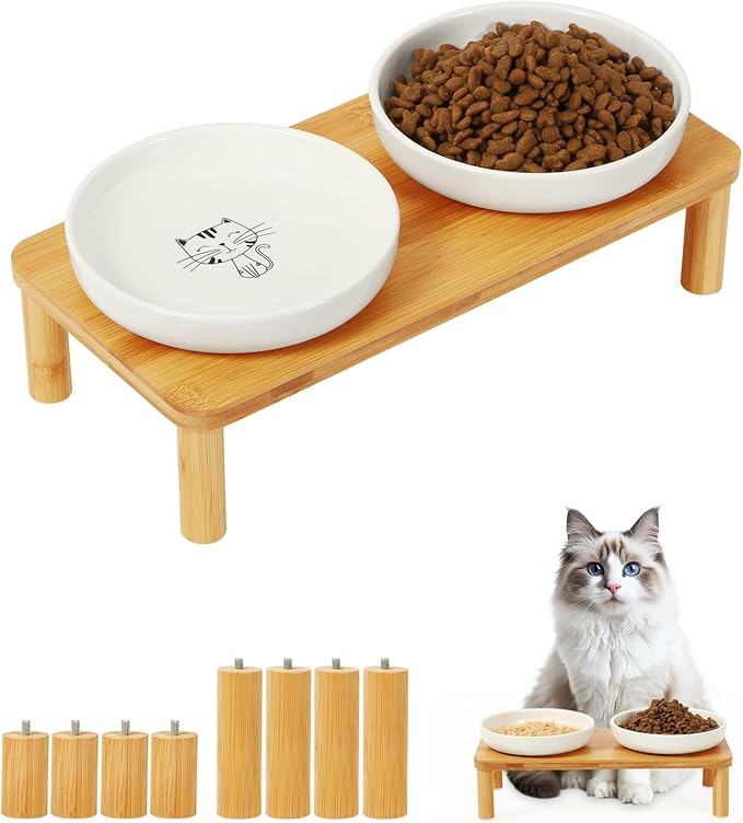 Elevated Cat Bowls for Indoor Cats – Raised Bamboo Cat Food Table with 2 Ceramic Dishes, Adjustable Height (4.25"/3.07"), Set of 1