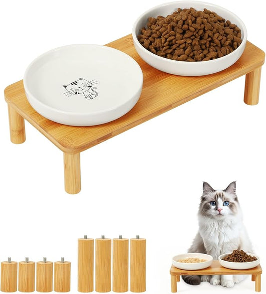 Elevated Cat Bowls for Indoor Cats – Raised Bamboo Cat Food Table with 2 Ceramic Dishes, Adjustable Height (4.25"/3.07"), Set of 1