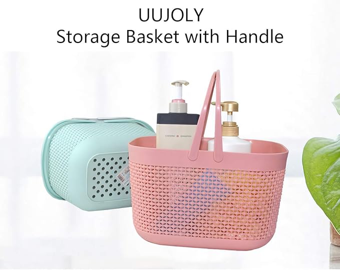 UUJOLY Plastic Organizer Storage Baskets with Handles, Shower Caddy Bins Organizer for Bathroom and kitchen (Pink)