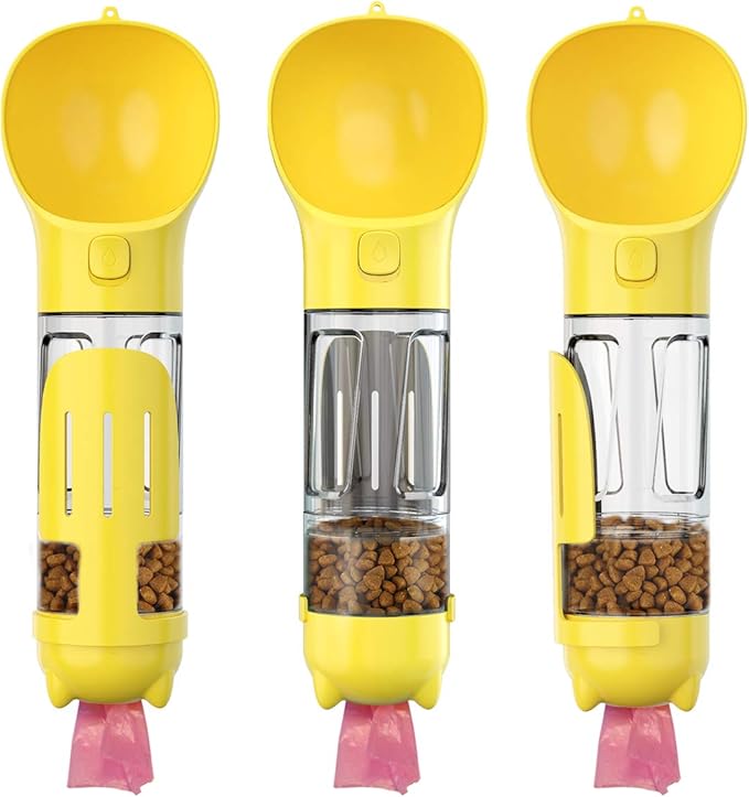 Upgraded Dog Water Bottle,Multifunction with Detachable Food Container and Poop Bags Dispenser,External Trash Shovel,Leakproof,Pet Travel,Outdoor Activity Necessities,Yellow(10.56fl oz)
