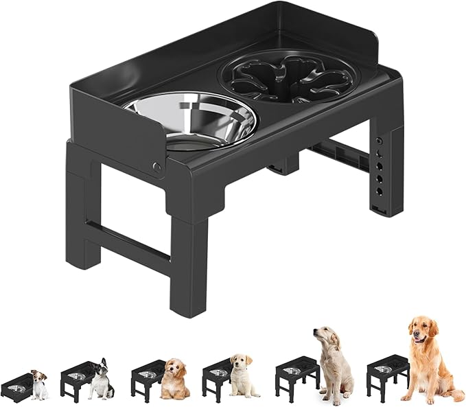 PAKEWAY Elevated Dog Bowls, Spill Proof, Tiltable Pet Feeder with 1 Slow Feeder Bowl &1 Stainless Steel Bowl, 6 Height Adjustable Raised Dog Bowls Stand for Medium Large Dogs