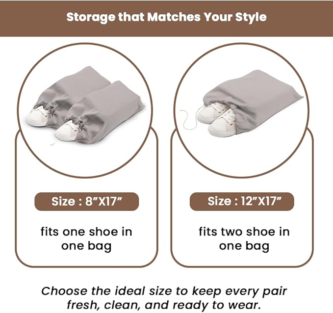 LFH Cotton Rich Shoe Storage Bags with Drawstring, Dustproof Breathable Reusable Organizer, Perfect For Travel, Dorm, Hotel, College, Gym, Easy to Carry, Machine Washable 8"x17" (Pack of 2) - Grey