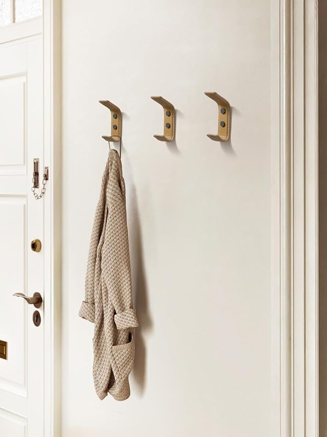 2 Pack Khaki Leather Coat 2 Hooks Wall for Hanging Rectangle Coat Hooks for Hanging Robe Towels Bags Hats Scarf Keys Clothes Suitable for Bedroom, Entryway and Closet