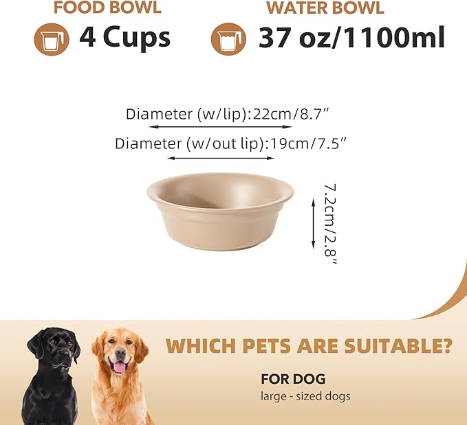 Ceramic 8.7inch Dog Bowl for Large Dogs, Basic 4 Cup Food or 37oz Water Bowl for Replacement, Wide Opening Rounded Edge(Single Bowls, Oat Beige)