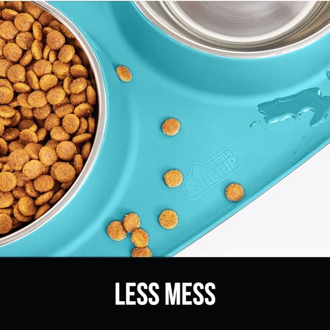 GORILLA GRIP Feeding Mat Set, 4 Cup, Patent Pending 100% Waterproof BPA Free Silicone, Stainless Steel Cat and Dog Bowls, Slip Resistant, Edges Catch Water Food, US Designed Pet Accessories, Turquoise