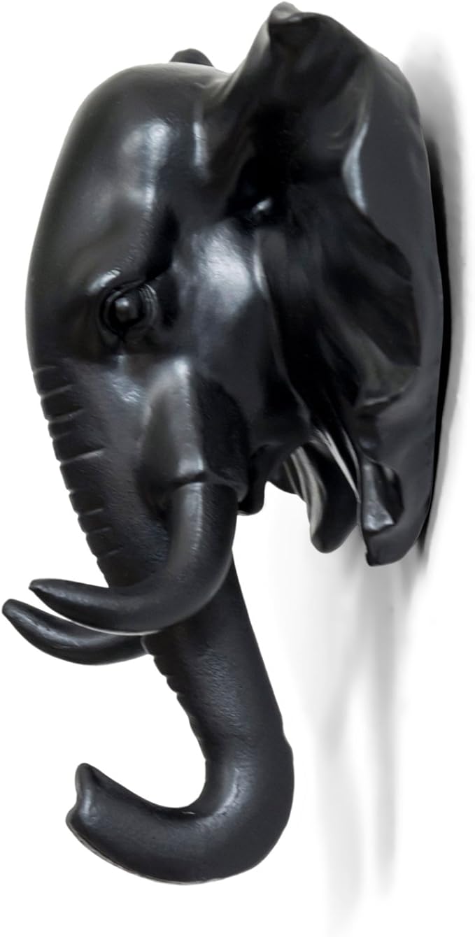 Elephant Head Single Wall Hook/Hanger Animal Shaped Coat Hat Hook Heavy Duty, Rustic Decorative Gift, Black