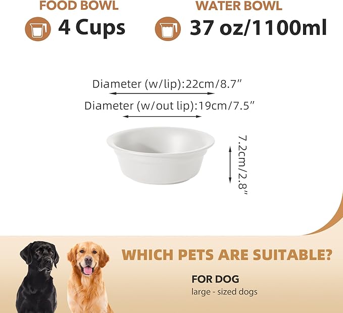 Ceramic 8.7inch Dog Bowl for Large Dogs, Basic 4 Cup Food or 37oz Water Bowl for Replacement, Wide Opening Rounded Edge(Single Bowls, Matt White)