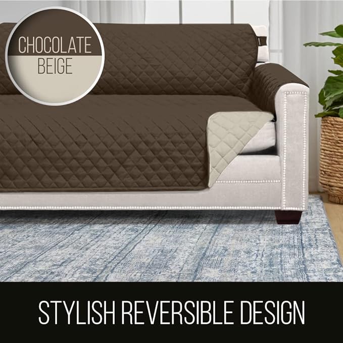 Sofa Shield Loveseat Slip Cover with Patented Strap, Cushion Protector, US Designed Reversible Stain and Dog Tear Resistant Slipcover, 54 inch Seat, Washable Covers for Dogs Pets, Chocolate Beige