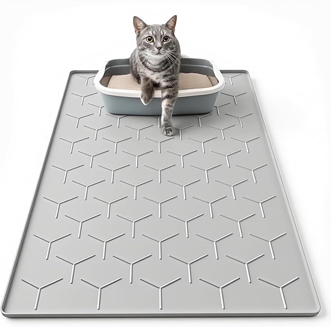 Garoopion Cat Mat for Litter Box, Large 34" X 22" Cat Litter Mat, Waterproof Silicone Pad for Floor, Gray