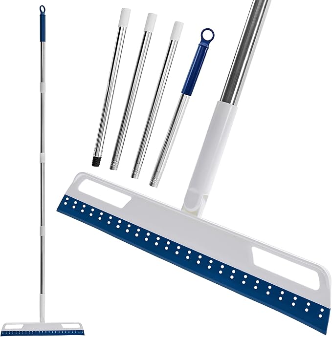 Multifunction Magic Air Broom, Silicone Broom with 56" Long Handle, 4 in 1 Rubber Squeegee Sweeper for Floor Bathroom Kitchen Shower Tile Pet Hair Fur Marble Glass Water Window Foam Cleaning (Blue)