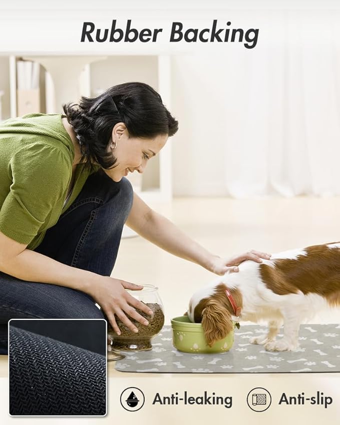 MontVoo Dog Food Mat-Pet Feeding Mat for Food and Water-No Stains Quick Dry Dispenser Cat Bowl Mat for Messy Drinkers(23"X34" Grey)