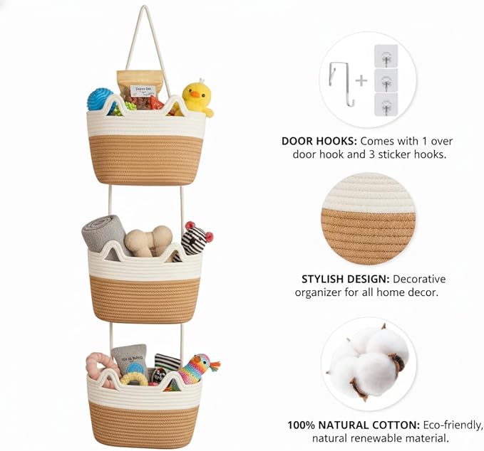 Wall Hanging Baskets, 3-Tier Cotton Over Door Organizer, Decorative Hanging Wall Basket for Wall, Door, Nursery, Living Room, Bathroom, Cat-Like Design Boho Decor, White & Jute