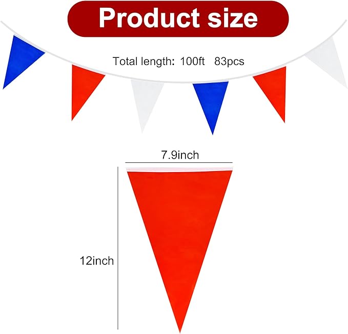 BEISHIDA 100ft 83pcs red White Blue Pennant Flags Banner,Reusable Bunting String Triangle Flags,Patriotic Theme New Year Party Decoration,Kids Birthday,Indoor and Outdoor Events