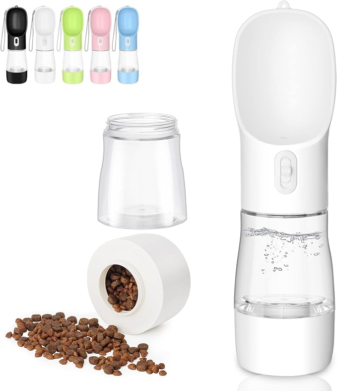 Misthis Portable Dog Water Bottle - Leak Proof Dog Water Dispenser with Bowl & Food Container, Dishwasher Safe Food Grade Plastic for Pet Puppy Outdoor Walking Hiking Travel White