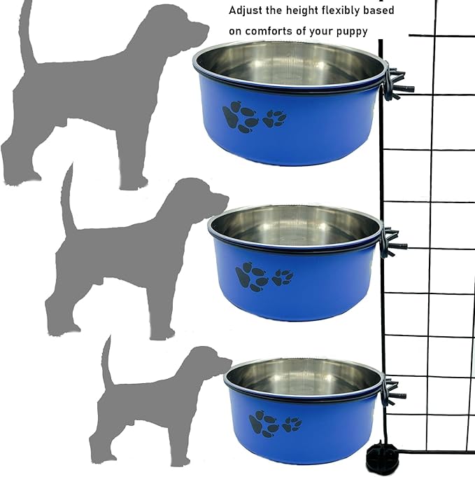 Dog Crate Food and Water Bowl 2Pcs Small Pet Hanging Kennel Removable Dish Feeding Cup with Holder No Spill for Medium Large Size Puppy Cat (Blue, 6.3''X2.5''&7.1‘’X2.7'')