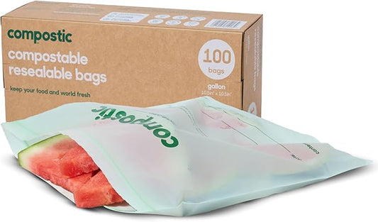 Compostic Home Compostable Resealable Gallon Bags, Microwave & Freezer Safe, Organic Food Storage Container, 90 Count + 10 Bonus Bags