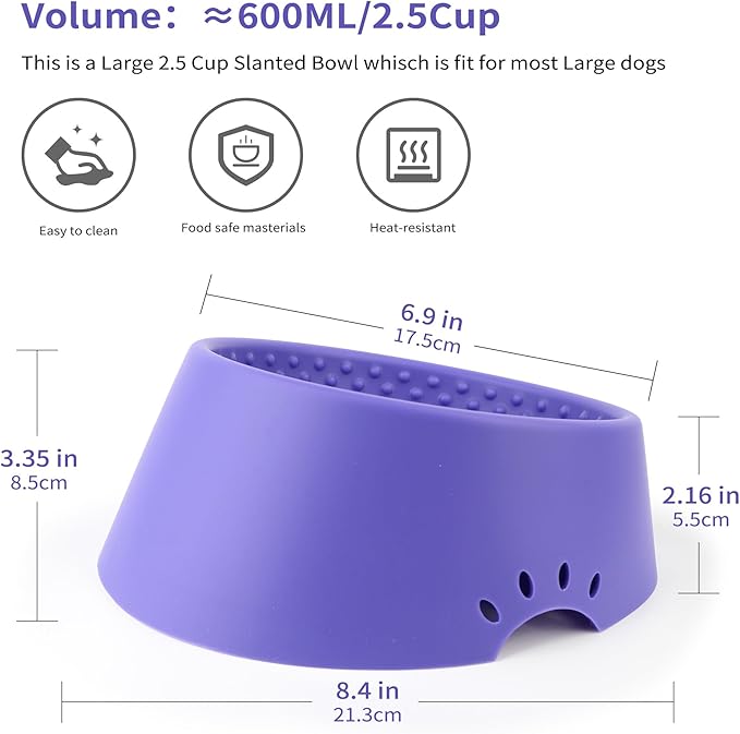 Pet Dog Food Bowl 10° Slanted ，Silicone Material， Easy to Clean Non-Skid & Non-Spill Easier to Reach Food L/2.5 Cups Purple