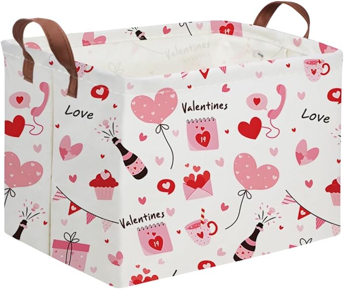 FXOCSHE Rectangular Pink Valentine's Day Gift Basket,nursery basket,Pink girls gift baskets,kids toy storage Bin, Love Heart Room Decor for Home,Shelf Baskets(Balloon Love)