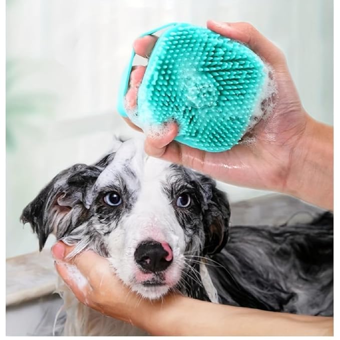 2-in-1 Dog Bath Brush with Shampoo Dispenser – Soft Silicone Pet Grooming Brush for Dogs & Cats – Gentle Massage & Deep Cleaning Bath Scrubber, Easy to Use and Refill, Pink