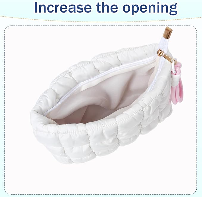 Puffy Quilted Makeup Bag Cosmetic Bag Equipped with a Detachable Handle Cute Zipper Pouch for Storage Clutch for Women(White)