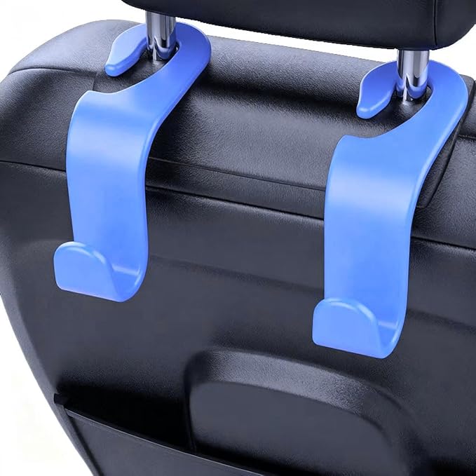 ANULEYO 4 car Hooks for headrests, PE Material seat Back Hooks and Phone Holder, Double Headed Pillow, Wallet Storage, Handbags, Bags (Blue)