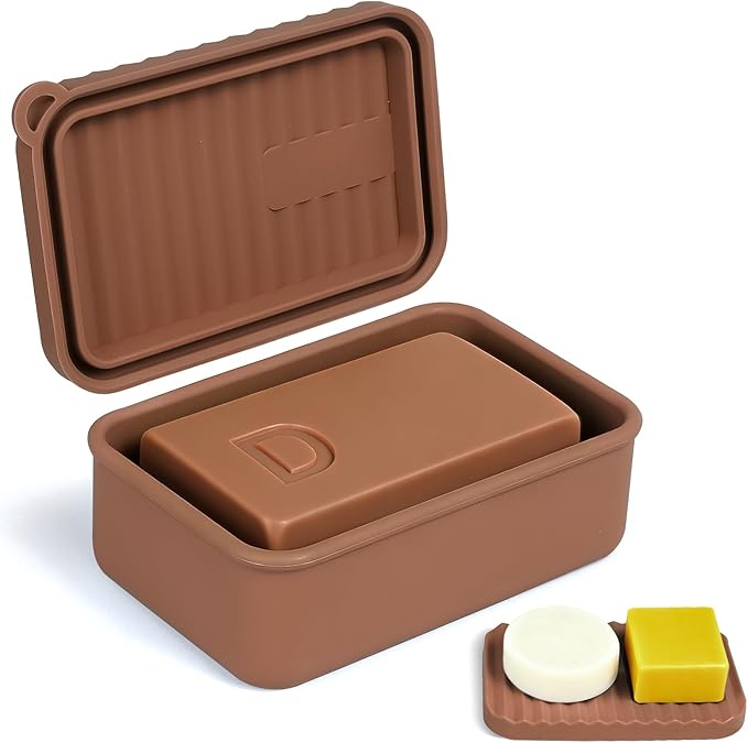 OTHIX Extra Large Silicone Leak Proof Travel Soap Case - Compatible with 10 oz Duke Cannon or Shampoo & Conditioner Bar Set | for Extended Trips, Outdoor Adventures, or Truck Drivers (Coffee Brown)