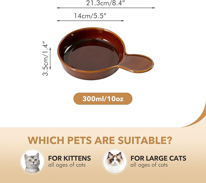 Ceramic Wide Whisker Friendly Cat Dishes, Set of 3 Ceramic Cat Bowls with Handle, Anti-Slip Indoor Kitten Feeding Food& Water Dish to Prevent Whisker Fatigue(3 Pcs, Caramel Brown)