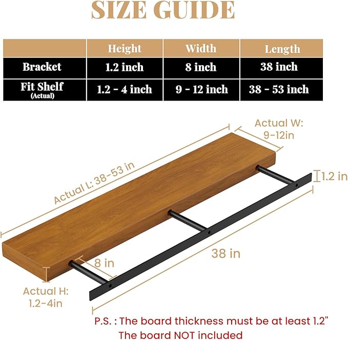 Floating Shelf Bracket Heavy Duty Shelving Brackets,Decorative Floating Shelf Hardware Black,Hidden Metal Shelf Support Bracket Heavy Duty Floating Mantel Bracket (38X8X1.2-Starter Jig)
